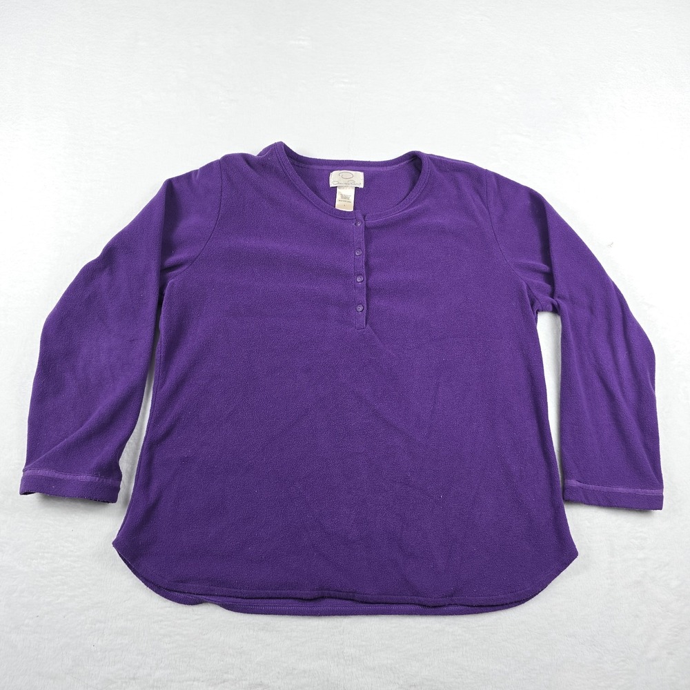 Oscar de la Renta Purple Fleece Henley Top Long Sleeve Pullover Womens Large